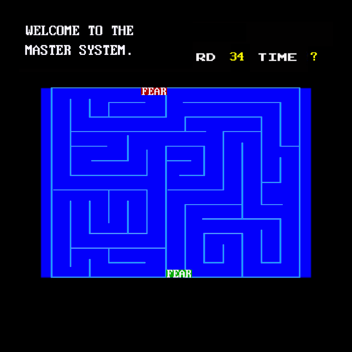 A Sega Master System maze fills the screen, made of bright blue pathways arranged in a tight, angular grid. The word FEAR appears at both the starting point and the ending point within the maze.