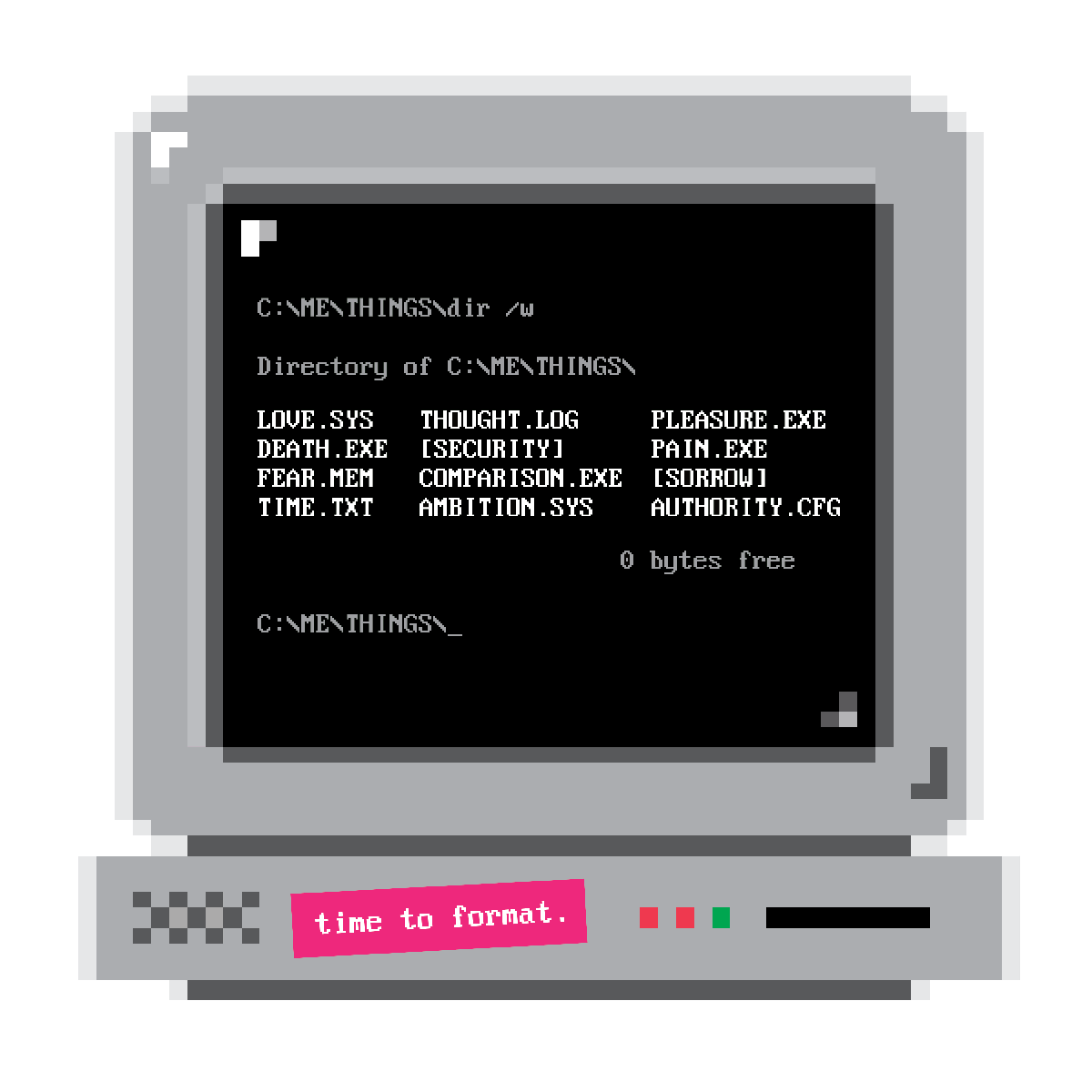 DOS‑gray command screen listing human concepts as system files, the directory maxed out at 0 bytes free, sitting on a CRT monitor like an overloaded human‑machine prompt waiting to be formatted.