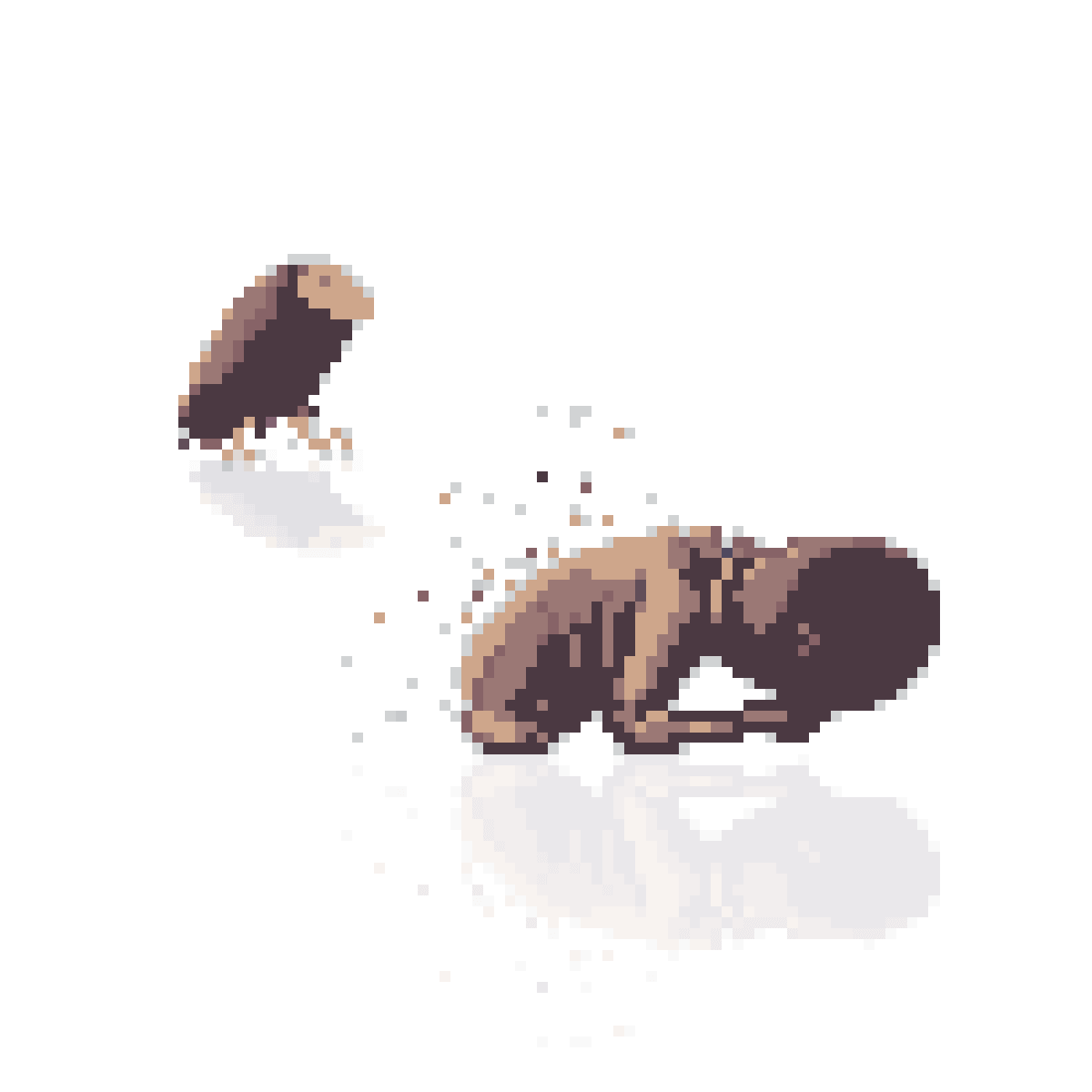 A pixel‑art child kneels on the ground, their starving body breaking apart into scattered pixels. A vulture stands nearby, waiting to feed, underscoring the stark tension of children sustained by nothing of substance in today’s digital world.