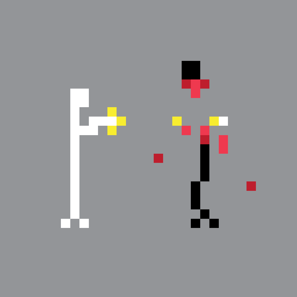 Two pixel‑formed figures stand facing each other in a sparse gray space, their blocky shapes arranged to suggest an imminent impact. The scene is minimal, built from simple digital forms that highlight the confrontation between the two figures.