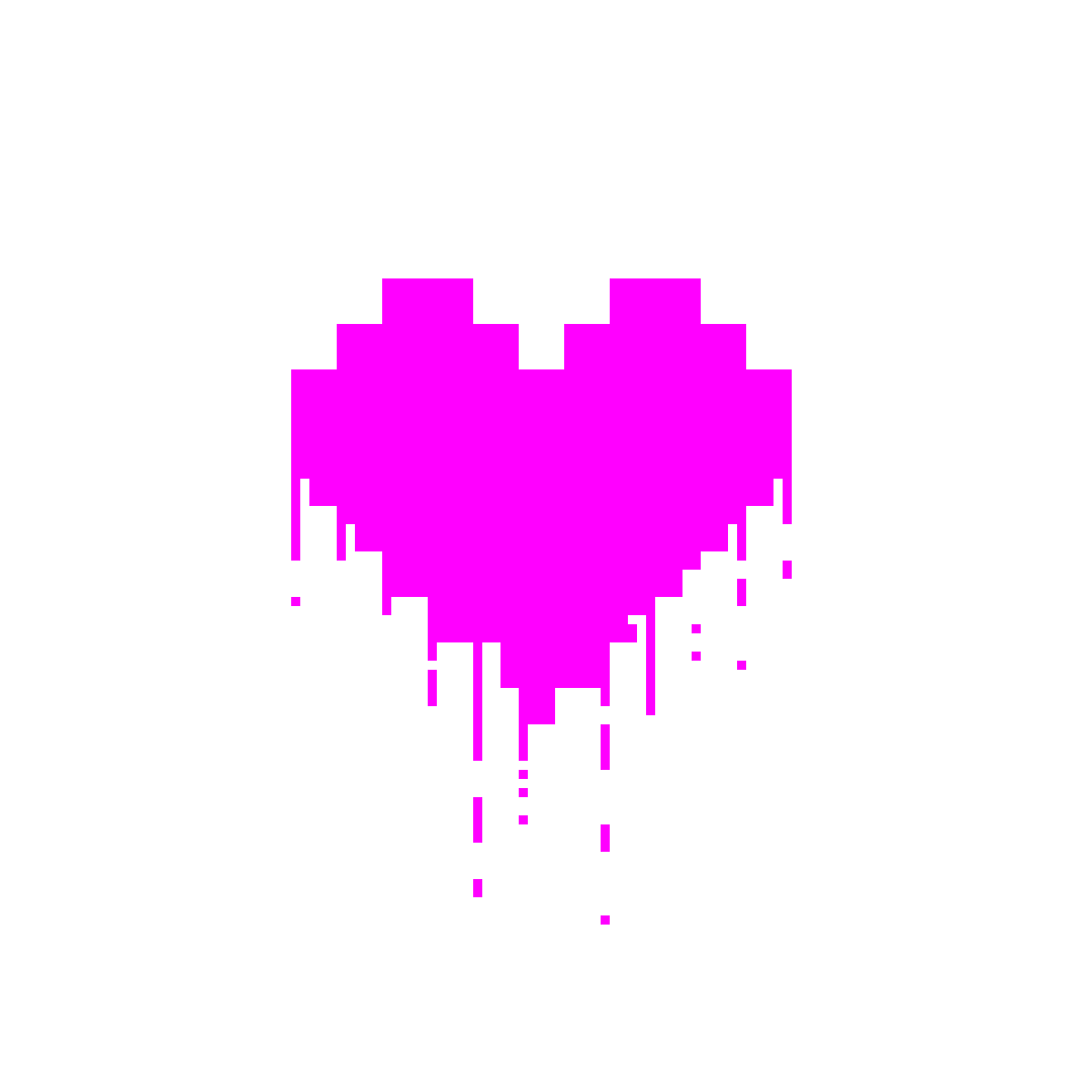 A bright magenta 8‑bit pixel heart appears on a white background, its lower edge breaking apart into dripping pixel fragments. The melting effect gives the heart a bleeding, deteriorating look.