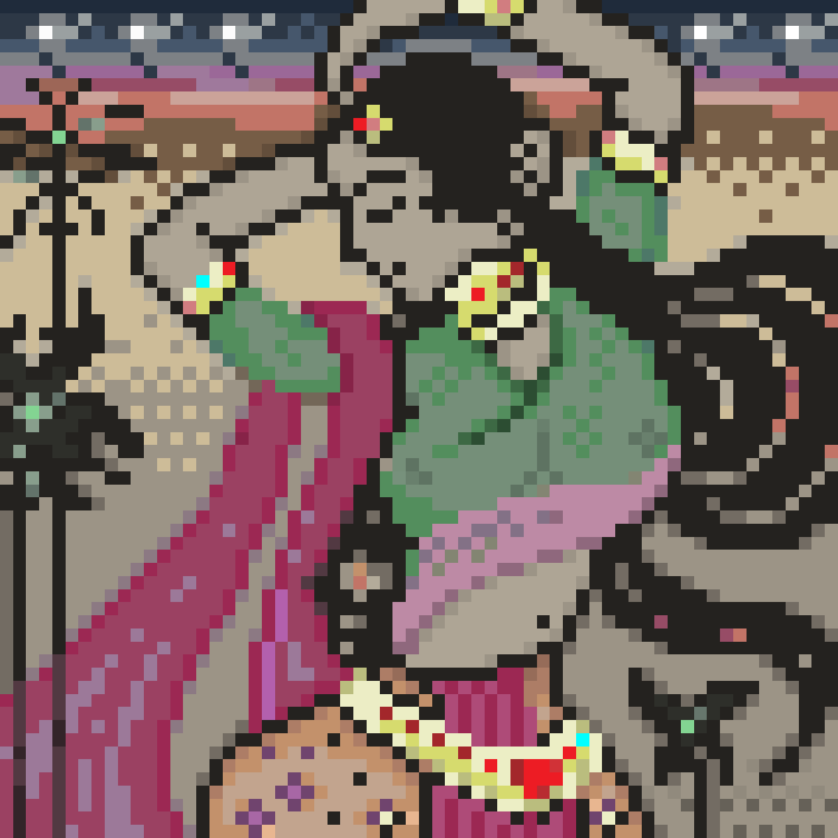 A pixel‑art homage to Deccan art of the 1500–1700s, showing a flowing dance that sets translucent fabrics into gentle motion, rendered in muted colors that echo India’s traditions. The scene carries a quiet sense of ancestry, as if the artist feels his heritage through each deliberate pixel.