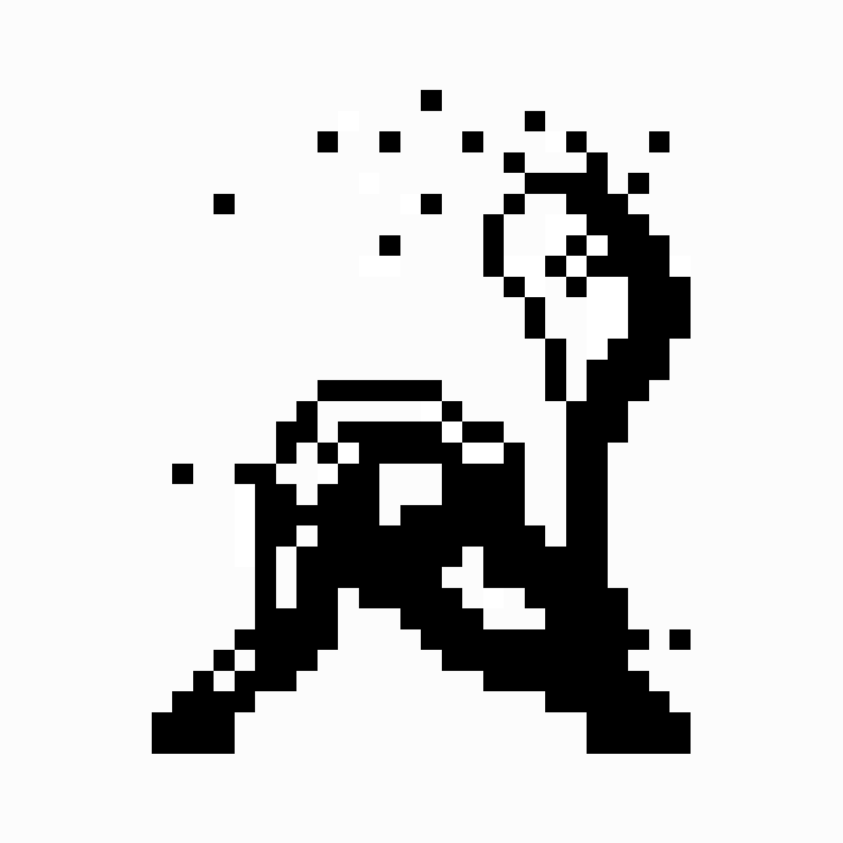 A 1‑bit black‑and‑white pixel artwork inspired by the cover of The Clash’s debut album, showing a blocky, pixel‑reduced figure striking a punk‑charged pose. The image uses stark binary contrast to capture raw, rebellious energy through minimalist pixel simplicity.