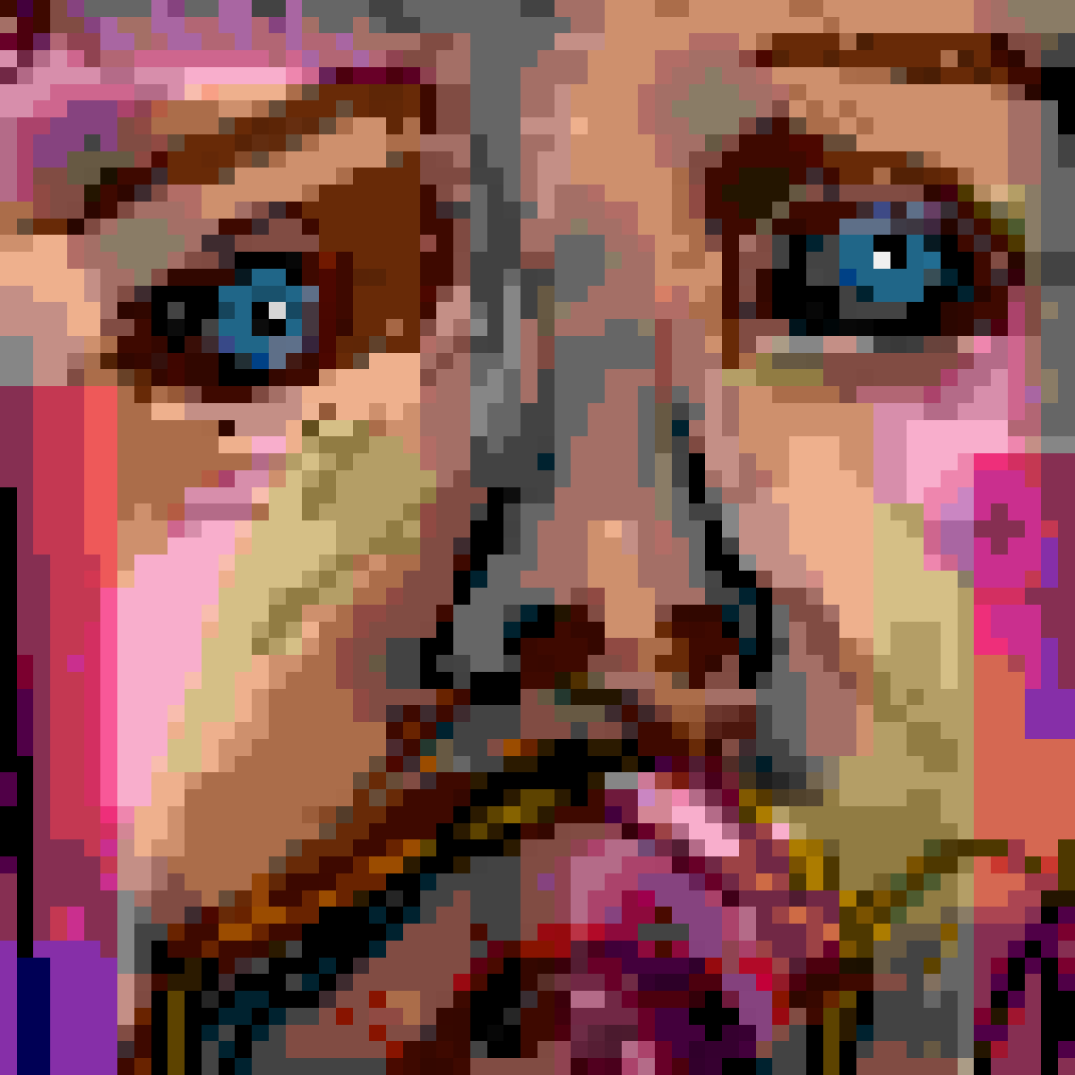 A pixel‑art portrait of Ian Curtis fills the frame, his bright blue eyes set within a mosaic of vivid color blocks. The face is rendered in fragmented pixels of pink, purple, yellow, brown, and beige, giving it a stylized, abstract look. The pixelation creates a fractured, expressive quality, emphasizing emotion through sharp contrasts and digital texture.