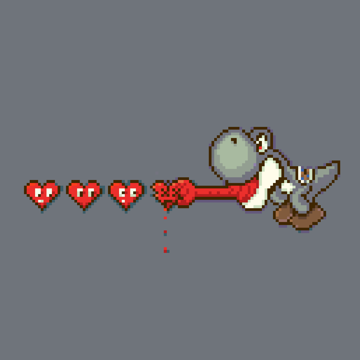 Pixel art of Yoshi rendered in muted grey tones, blood dripping from his extended red tongue as he moves to devour three small sacred hearts. The hearts hover before him, poised in the moment of recognizing their fate, echoing the emotional coldness of the title No Warmth In Our Hearts.