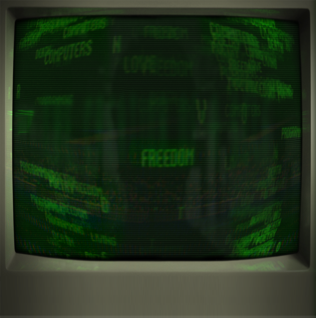 Retro green monochrome computer screen displaying the title “The Creation of a Self” with glitch‑like distortion and digital CRT aesthetics.