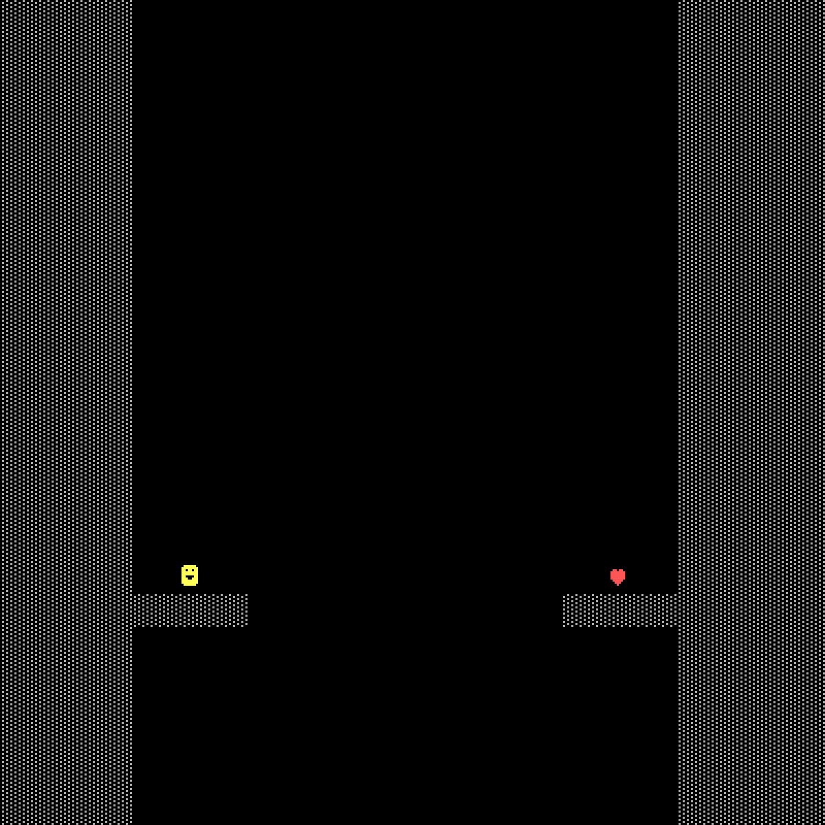 A textmode scene showing a small smiling face on one platform and a heart on another, separated by a gap in the dark. A study in how awareness disrupts feeling, the image suggests that the instant we recognize love, we also distance ourselves from it. The simplicity makes the emotional depth sharper — connection, hesitation, and the space between them expressed with almost nothing at all. It echoes the idea that once we become conscious of love, the self steps in and the it collapses, turning love into an idea we observe rather than inhabit — and in that moment, it ceases to be love.