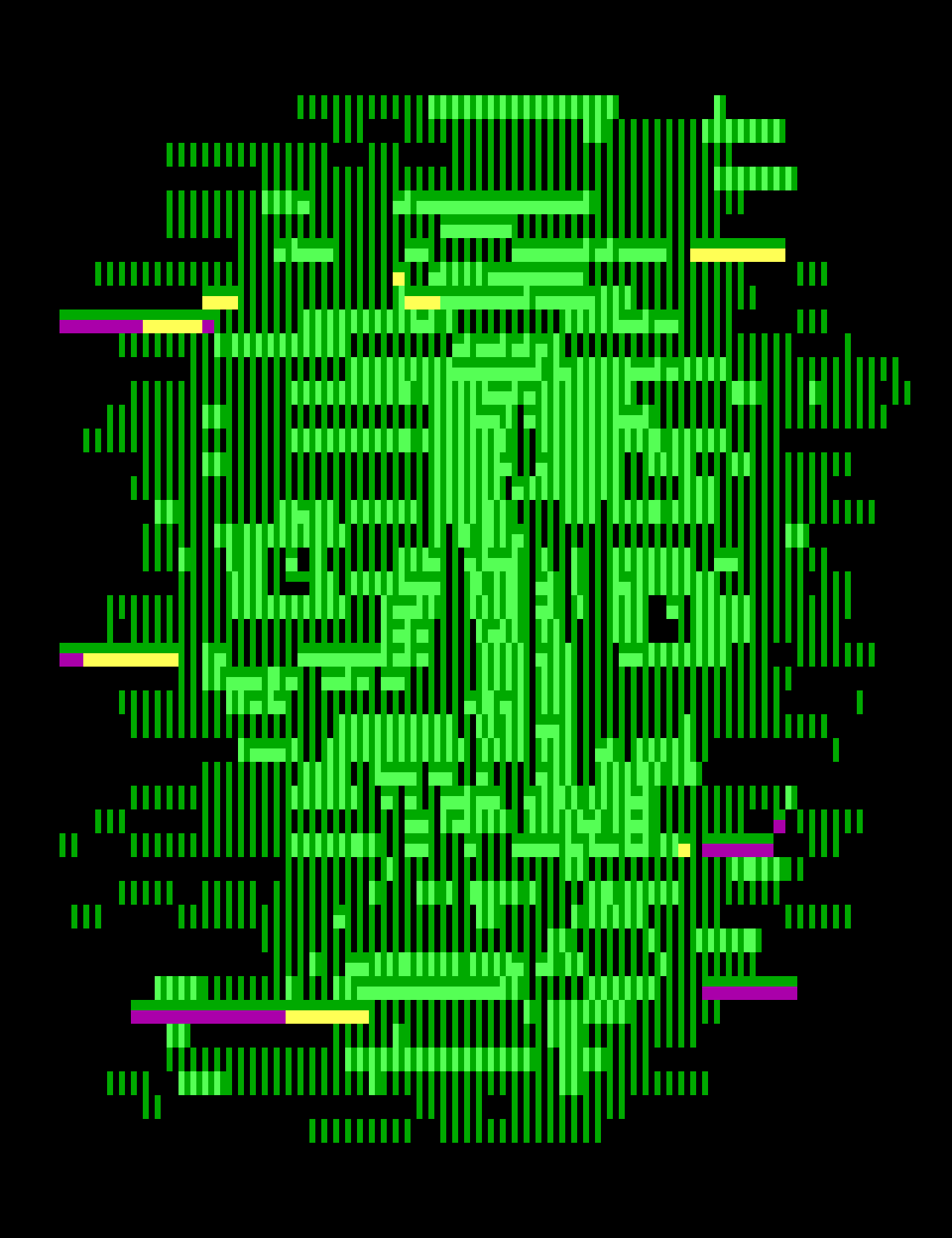 A digital portrait made from fractured green scanlines and horizontal bars. The artist’s face appears inside a distorted signal, looking outward through the interference. Yellow and purple glitches cut across the grid, creating the effect of a portrait caught in a digital yesterday and reaching toward the viewer today.