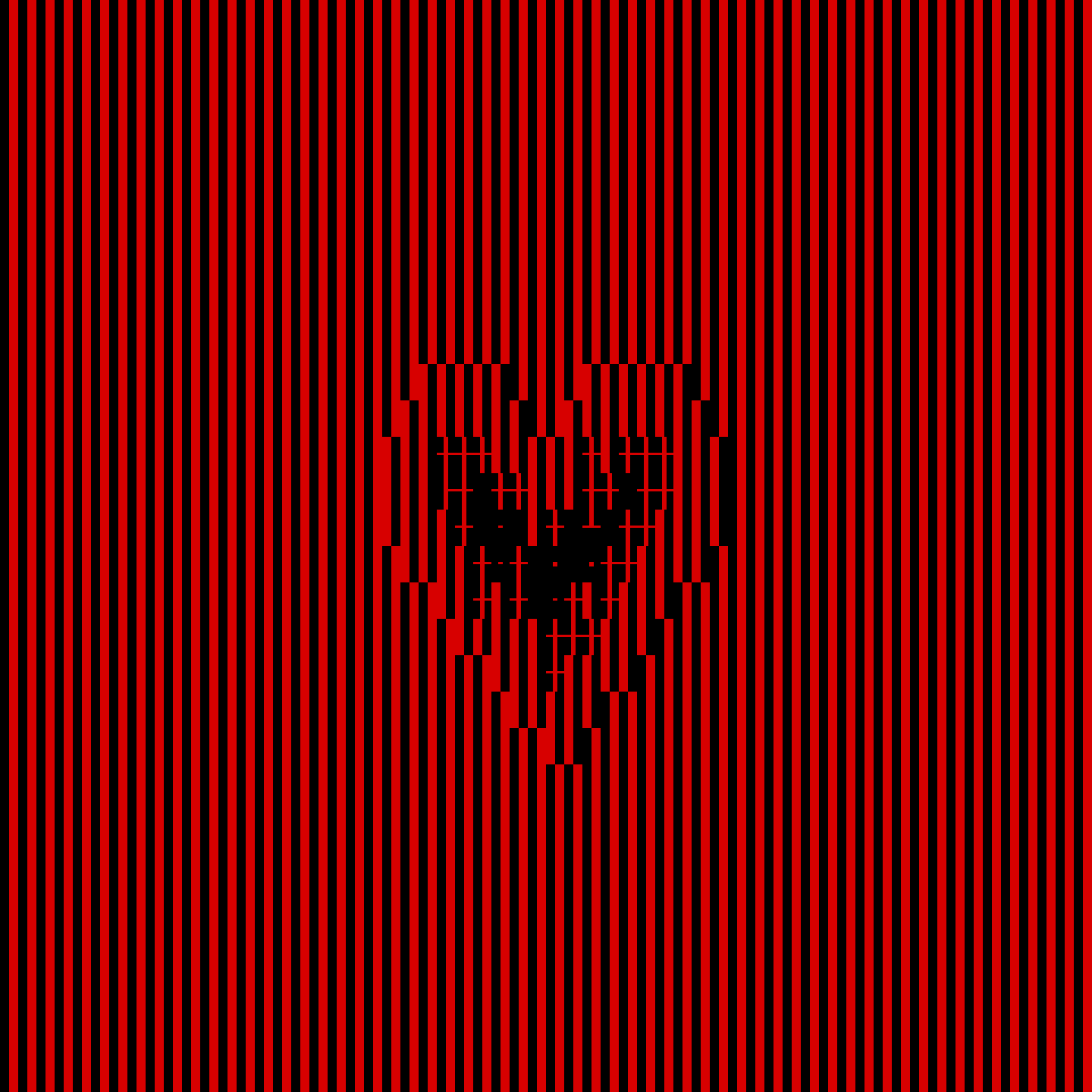 Red and black vertical stripes bend inward to form a heart shape, with the center appearing dark and exposed. The lines look as if they’re breaking open toward the middle, suggesting layers being split apart to reveal a deeper, more vulnerable core.