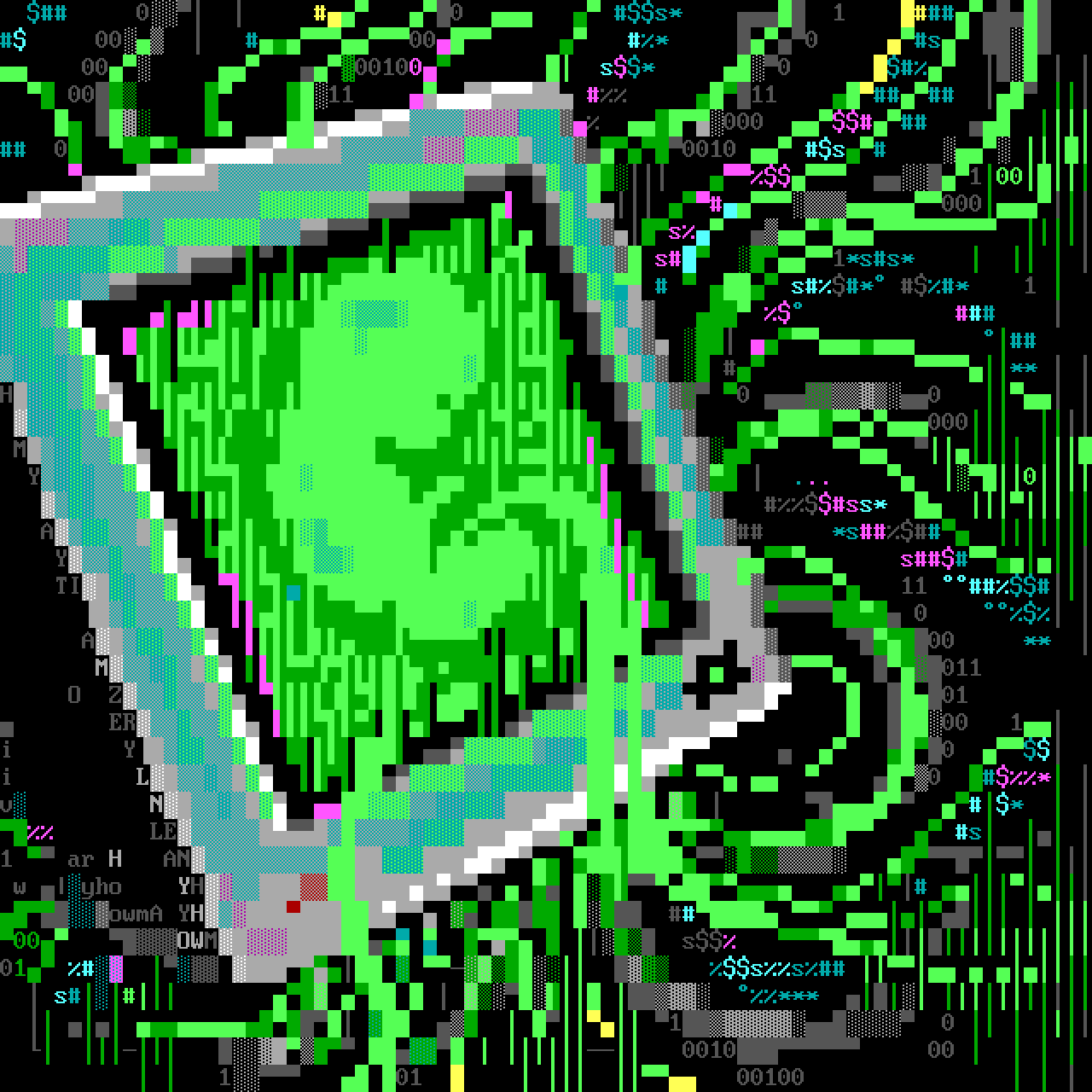 Digital artwork showing a fetus inside a glowing CRT monitor, connected to the outside world by a stream of binary code. The image blends retro computer aesthetics with themes of birth and creation.