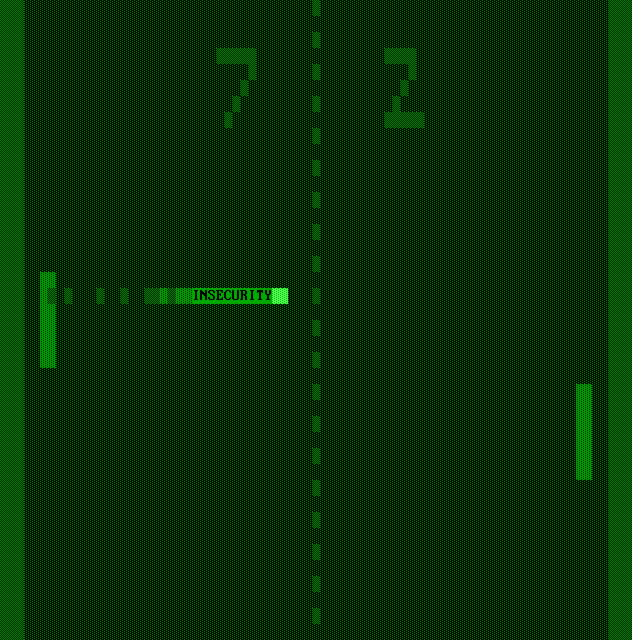 Green monochrome piece of a Pong game with two paddles and a center divider. The ball is labeled “INSECURITY” and moves toward the right paddle. The score reads 7 to 2. The image uses a retro textmode style to show insecurity being bounced between players.