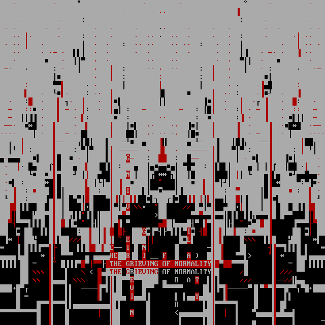 Black and red boxes burn or dissolve like rising flames. Boxes that suggest the boxes people try to fit their lives into, now shown cracking and falling away. At the center, the phrase “THE GRIEVING OF NORMALITY” appears, reinforcing the sense of losing or letting go of the idea of normal life as the boxes disintegrate.