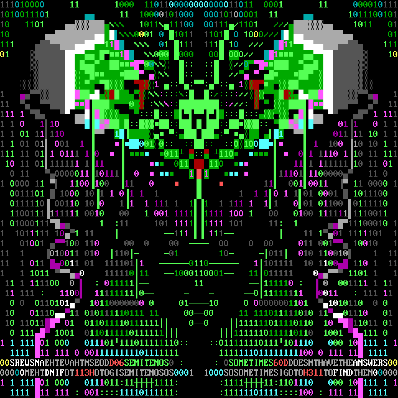 Digital artwork showing two shattered CRT screens spilling streams of 0s and 1s toward a central green, skull‑like form. The binary data glows against a dark, chaotic background, suggesting truth rising through ruin — light breaking in through the cracks left by collapse.