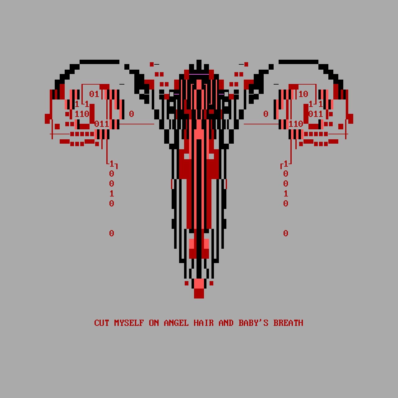 Textmode/ANSI of a uterus in red and black with binary code integrated into the fallopian tubes and ovaries. The design blends anatomical imagery with digital patterns.