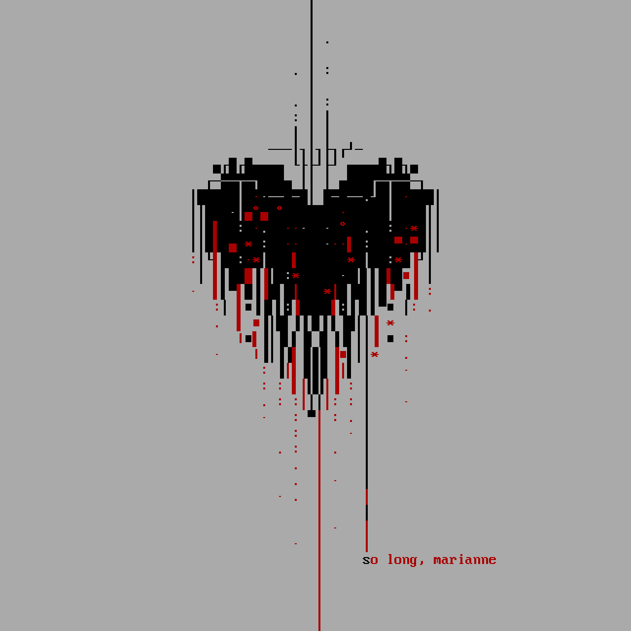 A pixelated heart shape appears fractured and unstable, made of black and red blocks that seem to be slipping out of place. The lower half breaks apart into thin vertical lines and scattered red fragments, giving the impression that the heart is slowly bleeding or dissolving. The overall form looks fragile, barely holding together, as if one more break would cause it to fall apart completely. The background is plain gray, emphasizing the heart’s instability and emotional weight.
