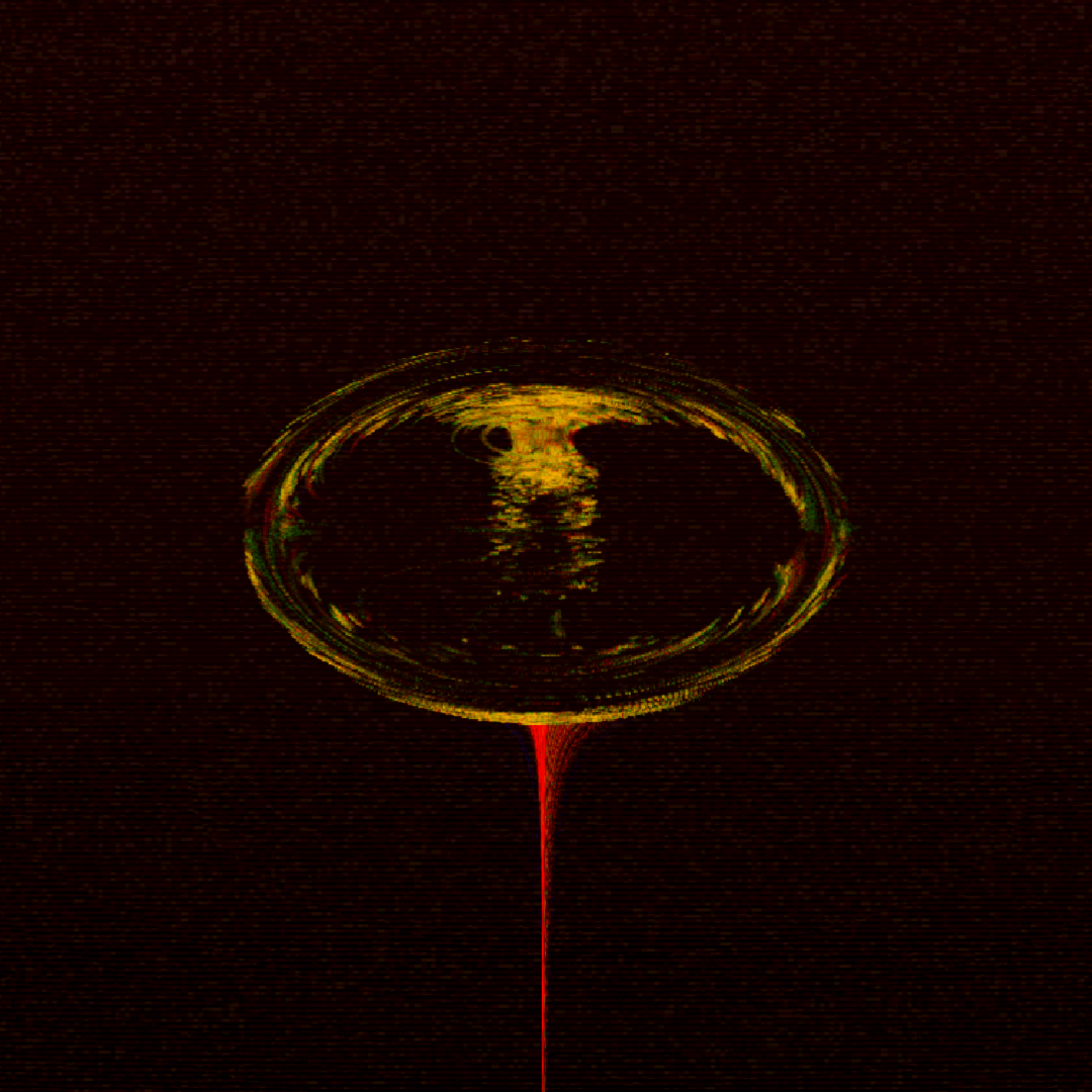 A glowing circular form floats in darkness, built from words taken directly from a memory and cycling in a continuous loop. Muted colors ripple across the surface while a thin red strand drops from the center, giving the image a quiet sense of repetition — a memory caught turning over itself again and again.