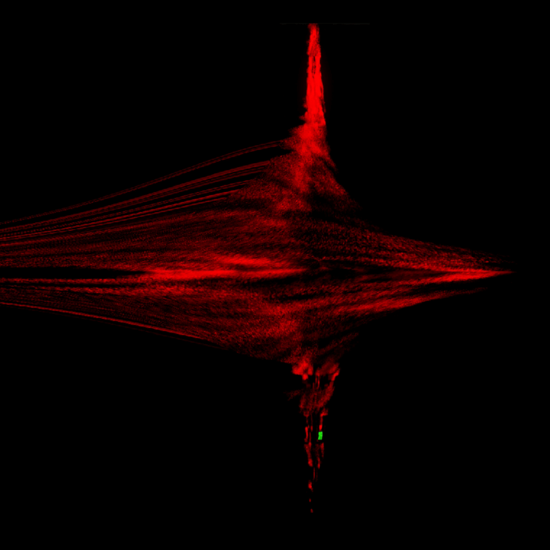 A red, symmetrical wave burst spreads across a black background, forming a sharp pixel‑art pattern that looks like memory energy erupting from the mind.