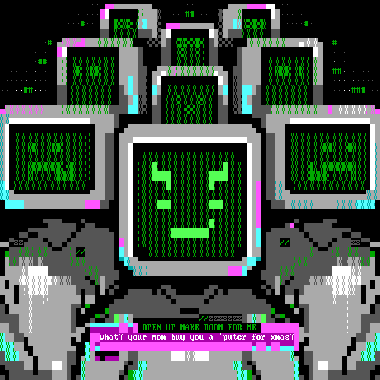 A piece showing a group of CRT monitors with blank or expressionless faces surrounding a single central monitor with a sharp, defiant expression. The central screen appears to lead or confront the others, rendered in a bold textmode and ANSI style.