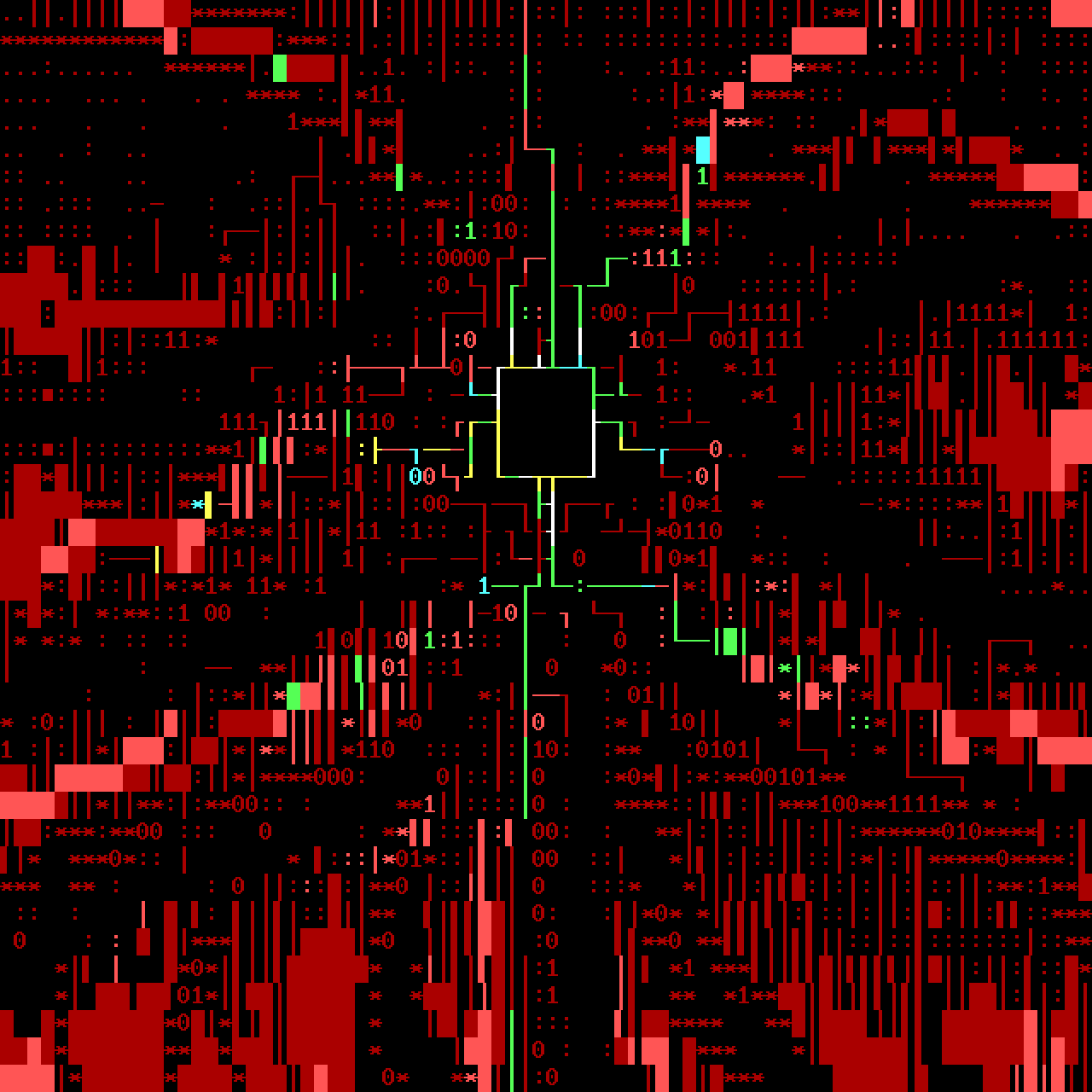 Textmode/ANSI piece of a CPU at the center of a circuit board with branching lines resembling veins. A red background of digital symbols creates the effect of a river made of circuitry flowing through the artist’s inner anatomy.